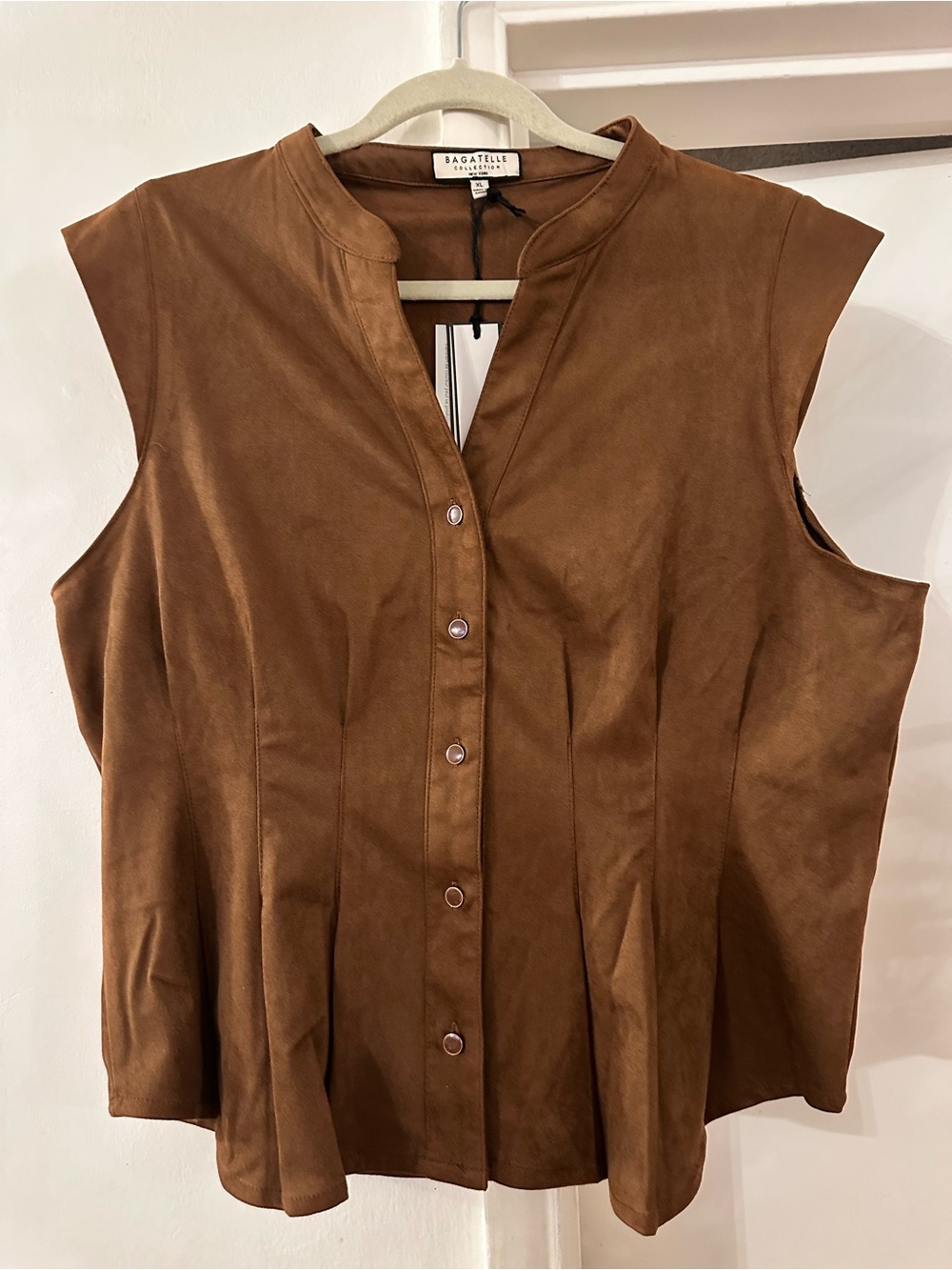 bagatelle Suede-Look Brown Sleeveless Button Front Top